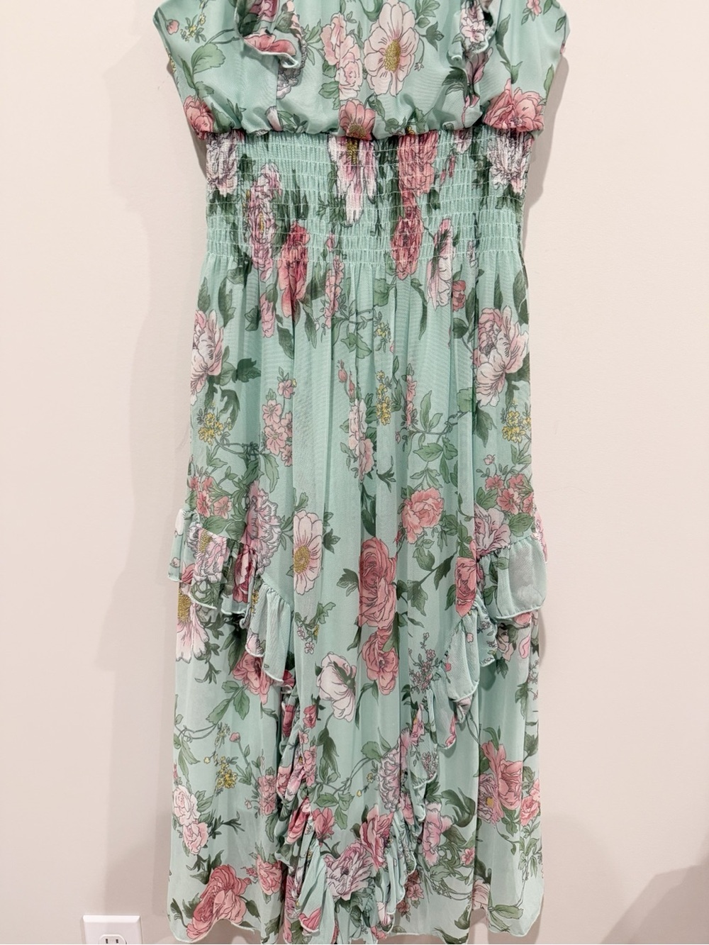 STELLA & JULIE Floral Ruffle Midi Dress Mint Green Smocked Waist Mock Neck Sz 4 - Picture 3 of 8